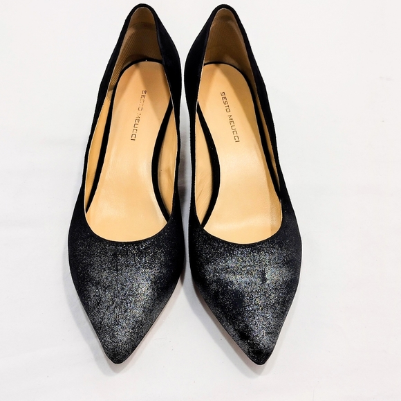 Sesto Meucci Binny Black Suede Flash Glitter Kitten Heel Slip-On Pumps - Picture 8 of 13